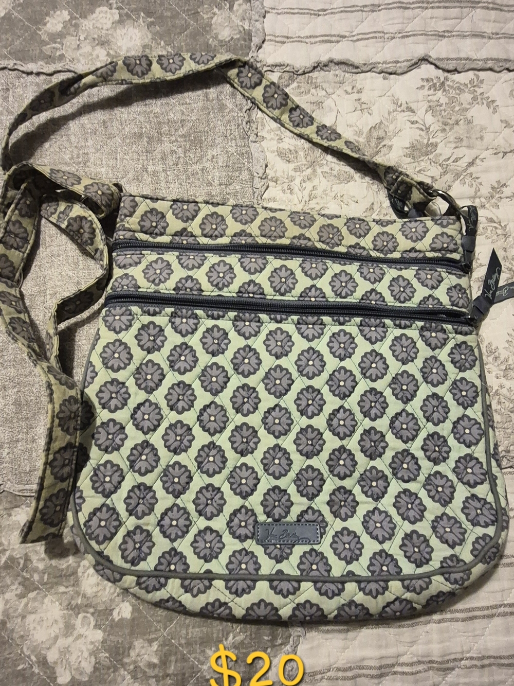 Vera Bradley Mint Green and Gray Floral Quilted Crossbody